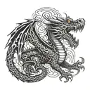 An angry dragon breathing fire while surrounded by Chinese symbols for strength and courage tattoo design idea