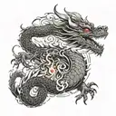 An angry dragon breathing fire while surrounded by Chinese symbols for strength and courage tattoo design idea