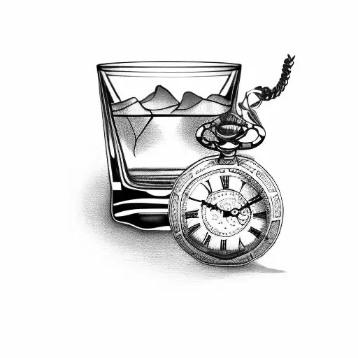 Blackwork "Whiskey Decanter With A Pocket Watch..." Tattoo Idea