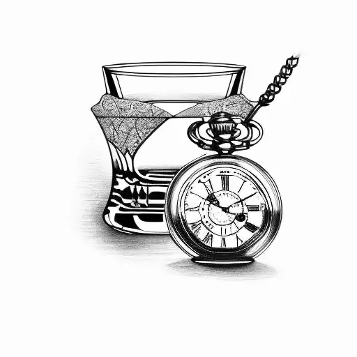 Blackwork "Whiskey Decanter With A Pocket Watch..." Tattoo Idea