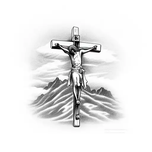 jesus christ crucifixion on the mountain at dawn tattoo design idea