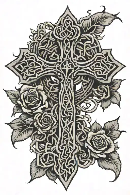 Celtic cross made from vines and roses tattoo design idea