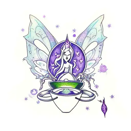 A mystical tattoo featuring a fairy brewing a potion in a cauldron surrounded by magical symbols and a Hogwarts castle in the background tattoo design idea