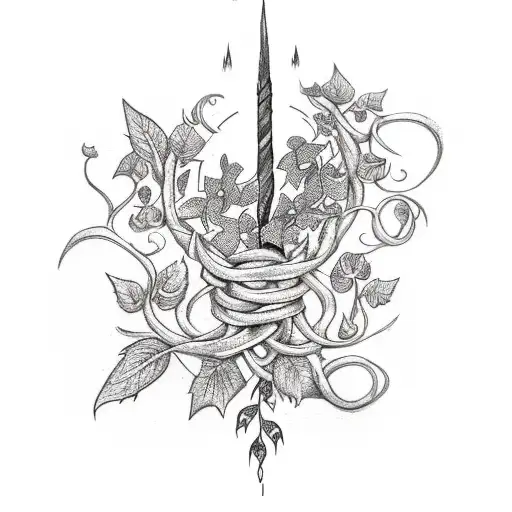 An enchanting tattoo of a witch's wand intertwined with a vine of flowers and ivy, with the words 'Mischief Managed' incorporated into the design tattoo design idea
