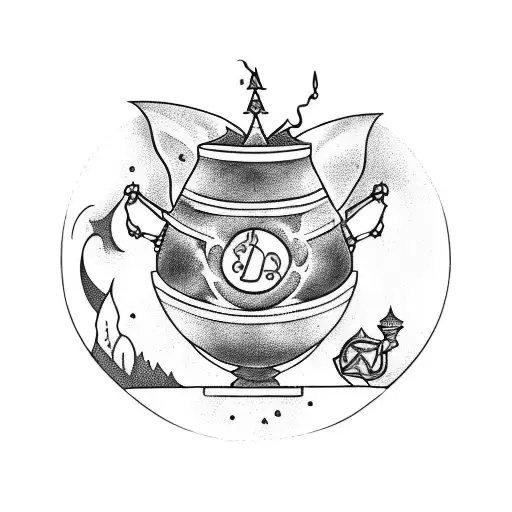 A mystical tattoo featuring a fairy brewing a potion in a cauldron surrounded by magical symbols and a Hogwarts castle in the background tattoo design idea
