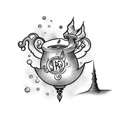A mystical tattoo featuring a fairy brewing a potion in a cauldron surrounded by magical symbols and a Hogwarts castle in the background tattoo design idea