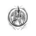 A mystical tattoo featuring a fairy brewing a potion in a cauldron surrounded by magical symbols and a Hogwarts castle in the background tattoo design idea