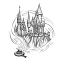 A mystical tattoo featuring a fairy brewing a potion in a cauldron surrounded by magical symbols and a Hogwarts castle in the background tattoo design idea