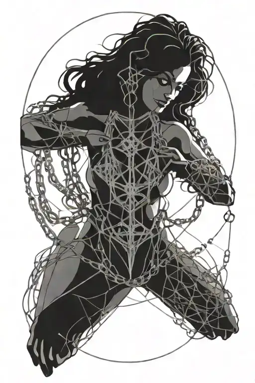 goddess with her heart full of traps and her hands holding chains  tattoo design idea