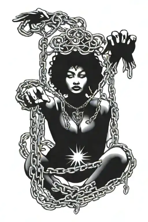 goddess with her heart full of traps and her hands holding 2 chains  tattoo design idea