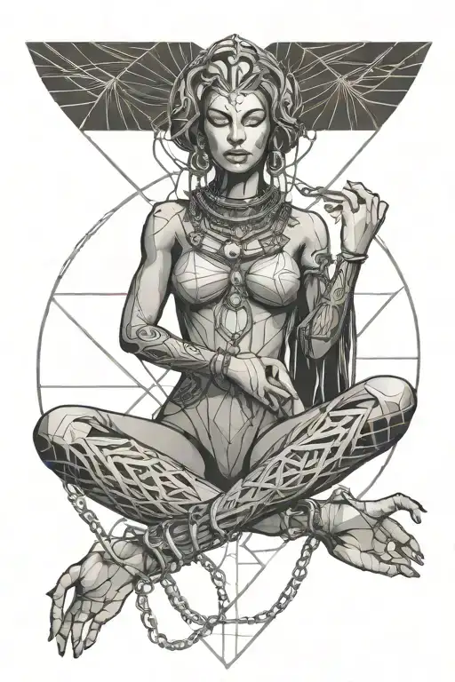 goddess with heart of traps and hands holding chains tattoo design idea