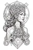 goddess with her heart full of traps and her hands holding 2 chains  tattoo design idea