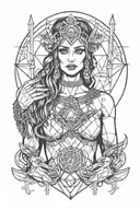 goddess with her heart full of traps and her hands holding 2 chains  tattoo design idea