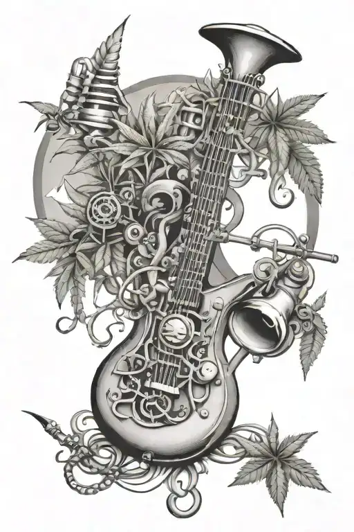A surrealistic factory scene with musical instruments intertwined with marijuana leaves tattoo design idea