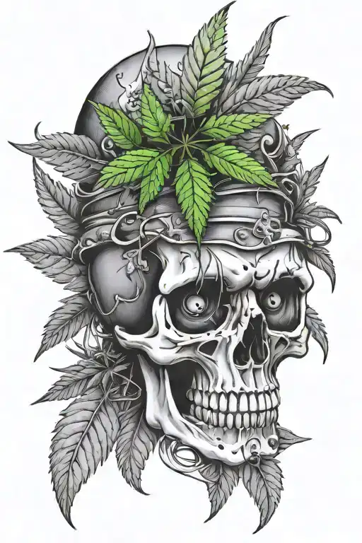 A skull with marijuana leaves growing out of the eye sockets tattoo design idea