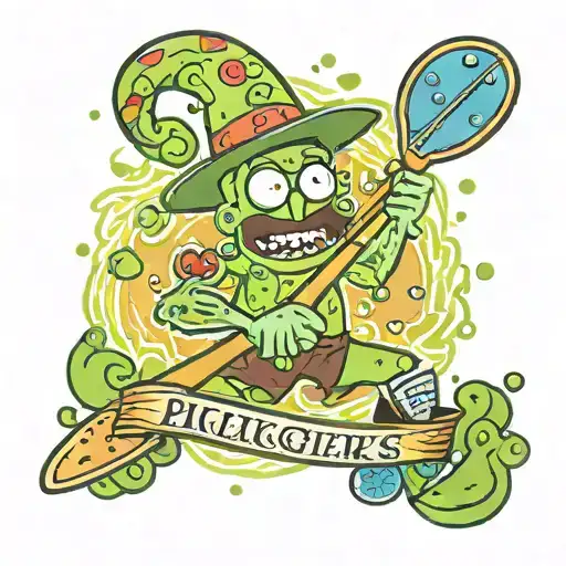 pickle rick with pickle ball and paddle that says "pickle 4 gingers" tattoo design idea