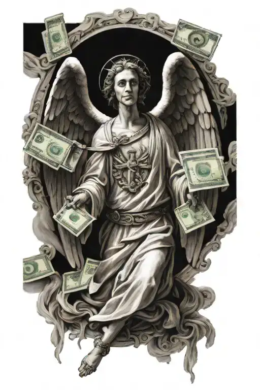 angel Gabriel with money tattoo design idea