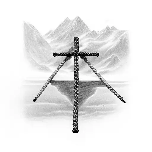 A tradional cross made of two railroad nails and rope rapping around it as a simple drawing  tattoo design idea