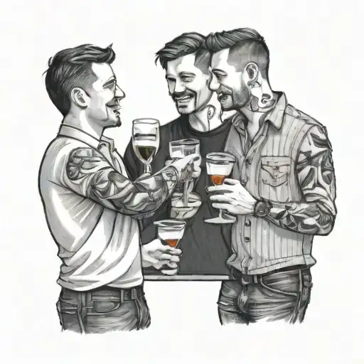 three male best friends toasting drinks tattoo design idea