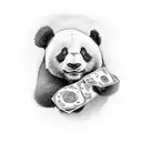 panda calling with a stack of money tattoo design idea