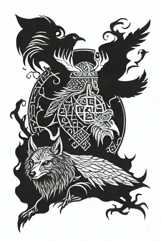 viking, red witch, raven, wolf, vegvisir tattoo design idea