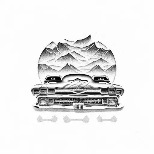 Cholo chicano style. Last name rocha On license plate on an old school Chevy road master. Background of a desert, Coache tattoo design idea