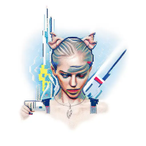 A pixelated image of a girl driving a convertible sports car on a digital highway tattoo design idea