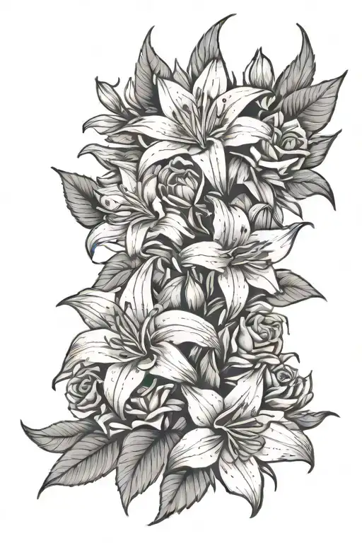 lilies, holly, daffodils, roses wrapped tattoo design idea