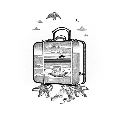 A sketch-style tattoo of a vintage suitcase adorned with beach-themed stickers, symbolizing the client's love for travel and the beach tattoo design idea