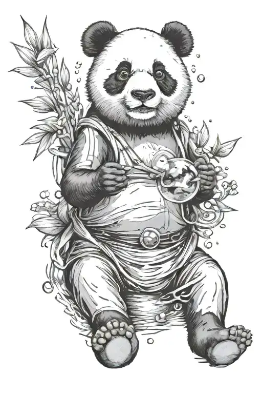 panda sitting in lotus position with bamboo tube in mouth from which soap bubbles come out tattoo design idea