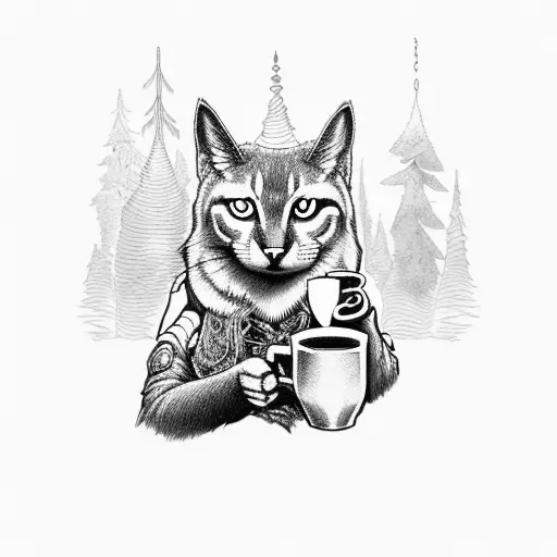 A hunter holding a cup of coffee while walking through a mystical forest with a seamian cat and a white laika dog by his side tattoo design idea