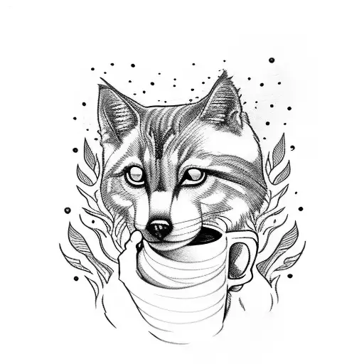 A hunter holding a cup of coffee while walking through a mystical forest with a seamian cat and a white laika dog by his side tattoo design idea