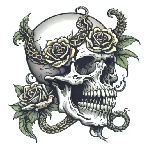 a skull head with a snake coming out of its mouth and roses around the skull and snake  tattoo design idea