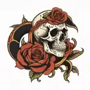 skull and snake with roses growing tattoo design idea