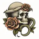 skull and snake with roses growing tattoo design idea