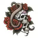 skull and snake with roses growing tattoo design idea