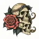 skull and snake with roses growing tattoo design idea