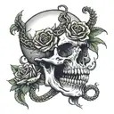 a skull head with a snake coming out of its mouth and roses around the skull and snake  tattoo design idea