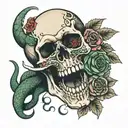 a skull head with a snake coming out of its mouth and roses around the skull and snake  tattoo design idea