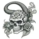 a skull head with a snake coming out of its mouth and roses around the skull and snake  tattoo design idea