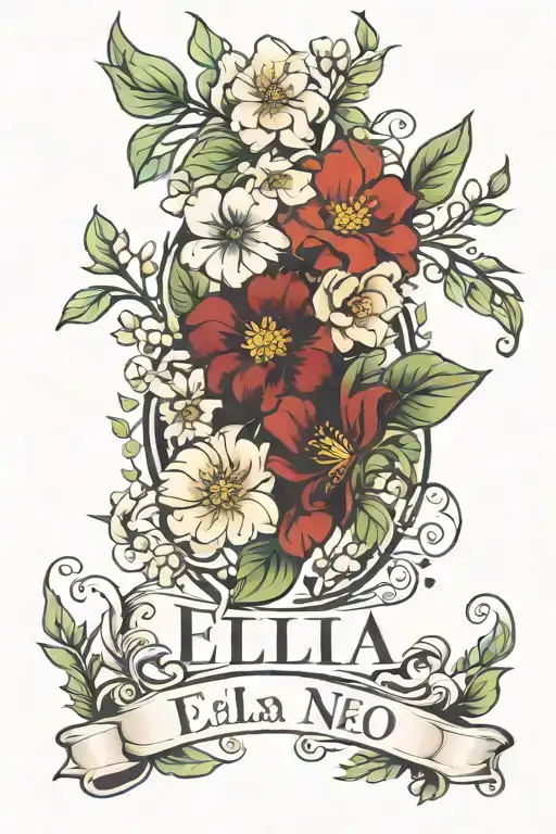 September and April birth flowers surrounding the name Ella tattoo design idea