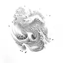 Ocean Wave with three legged pot infront tattoo design idea