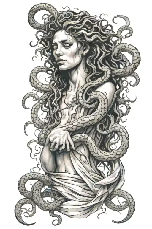 the Greek goddess Medusa, with snakes instead of hair and the face of a suffering woman, full of cracks and tears tattoo design idea