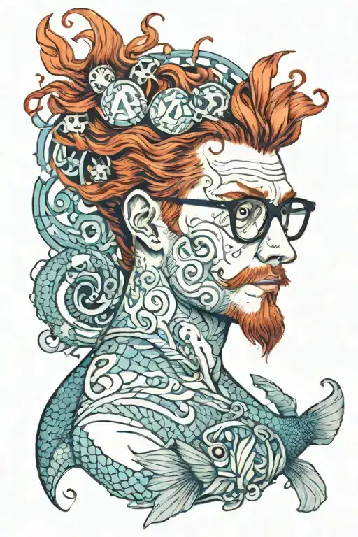 A beautiful red-headed merman with blue eyes, thick glasses, and symbols of autism tattoo design idea