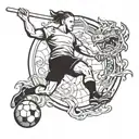A tattoo design of a soccer player kicking a ball, with gym equipment and fantasy elements like dragons and unicorns in the background tattoo design idea