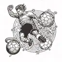 A tattoo design of a soccer player kicking a ball, with gym equipment and fantasy elements like dragons and unicorns in the background tattoo design idea