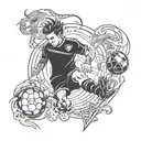 A tattoo design of a soccer player kicking a ball, with gym equipment and fantasy elements like dragons and unicorns in the background tattoo design idea