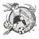 A tattoo design of a soccer player kicking a ball, with gym equipment and fantasy elements like dragons and unicorns in the background tattoo design idea