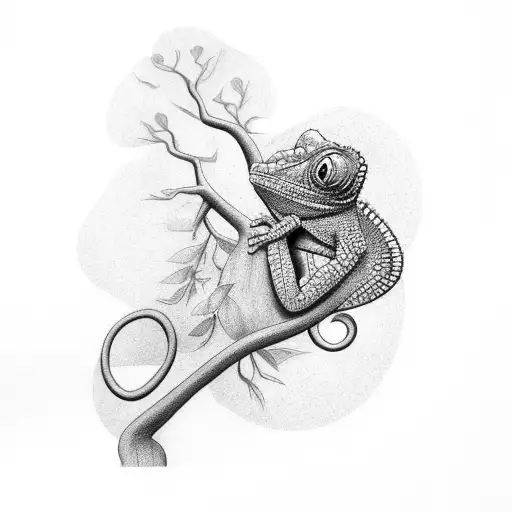 chameleon climbing a tree with details tattoo design idea