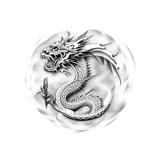 japanese dragon with sword colored tattoo design idea